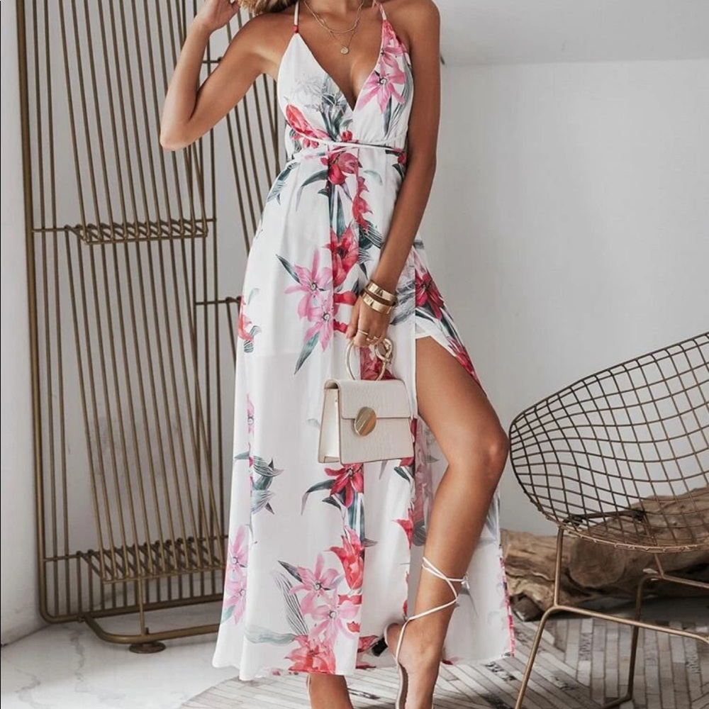 Simplee floral print backless wrap slip dress